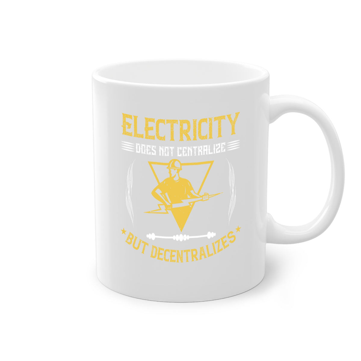 Electricity does not centralize but decentralizes Style 49# Mug with a glossy finish and colorful handle, available in multiple sizes.